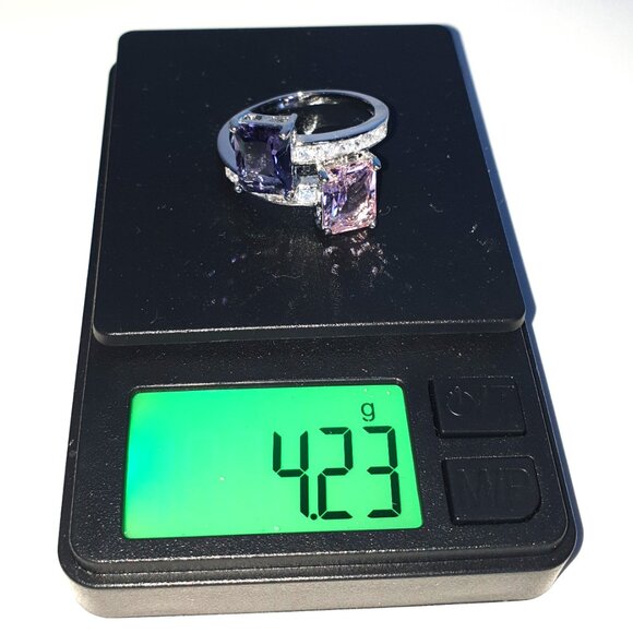 Elegant Purple & Pink Crystal Silver Tone Cocktail Ring – Size 9 - Picture 10 of 11